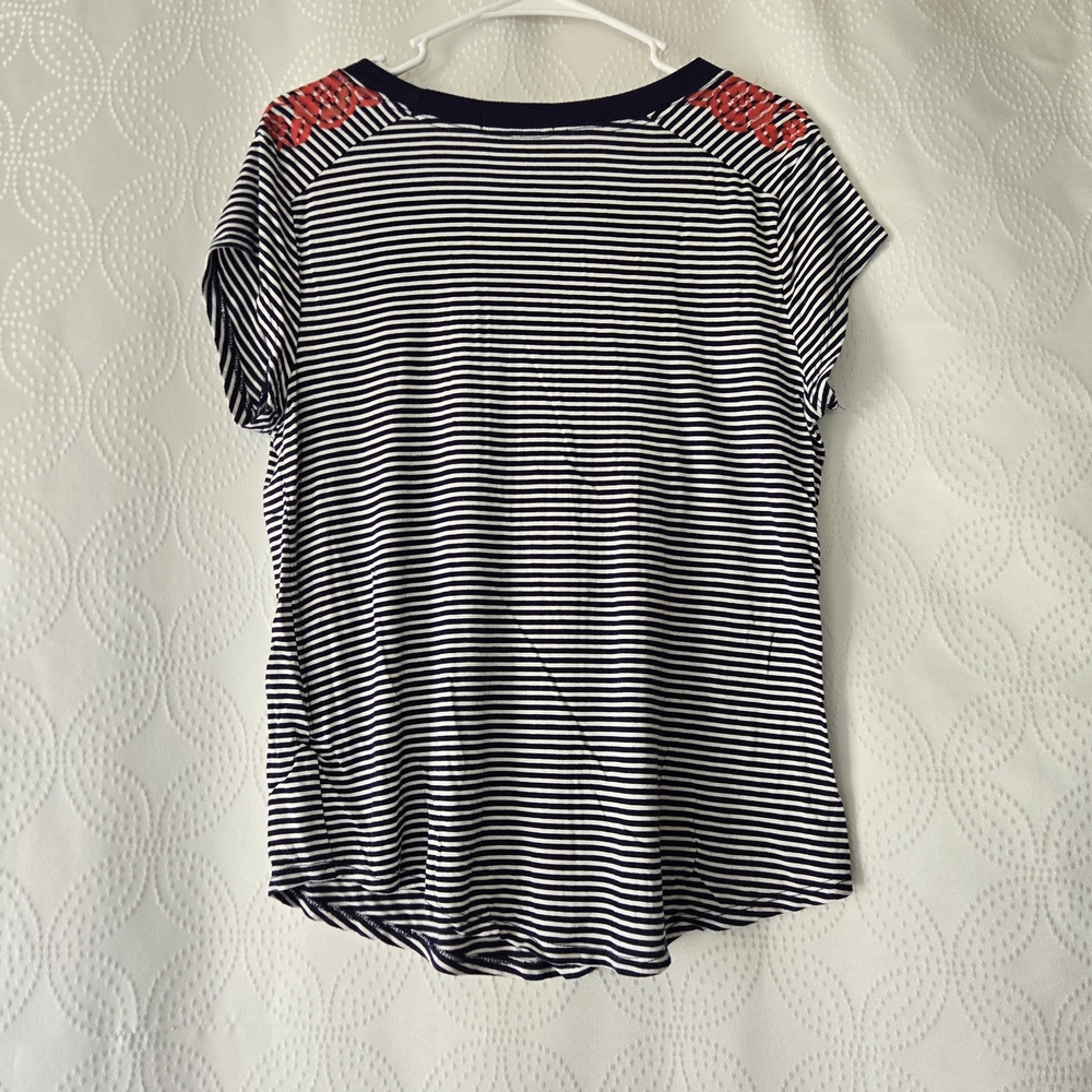 Navy & White Striped Tee with Red Floral Shoulder Accent - Picture 4 of 7